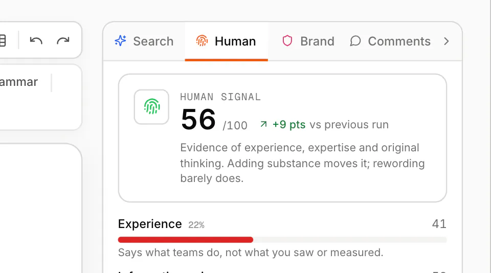 WriteWorks Editor: Human Signal (EEAT and information gain). Close-up: Human Signal score card (sample data).