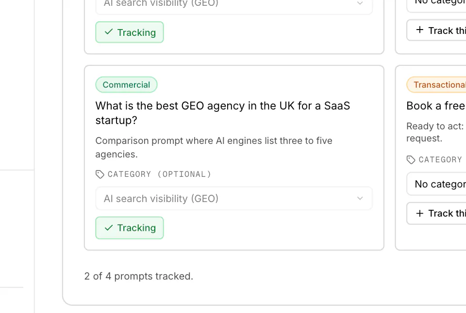 WriteWorks Track prompts across AI engines. Close-up: Commercial prompt card, now tracking (sample data).